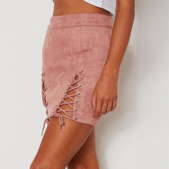 Mini Skirt High-Waist Small Faux Suede Bodycon Sexy Lace-Up Criss Cross Split - Picture 4 of 14
